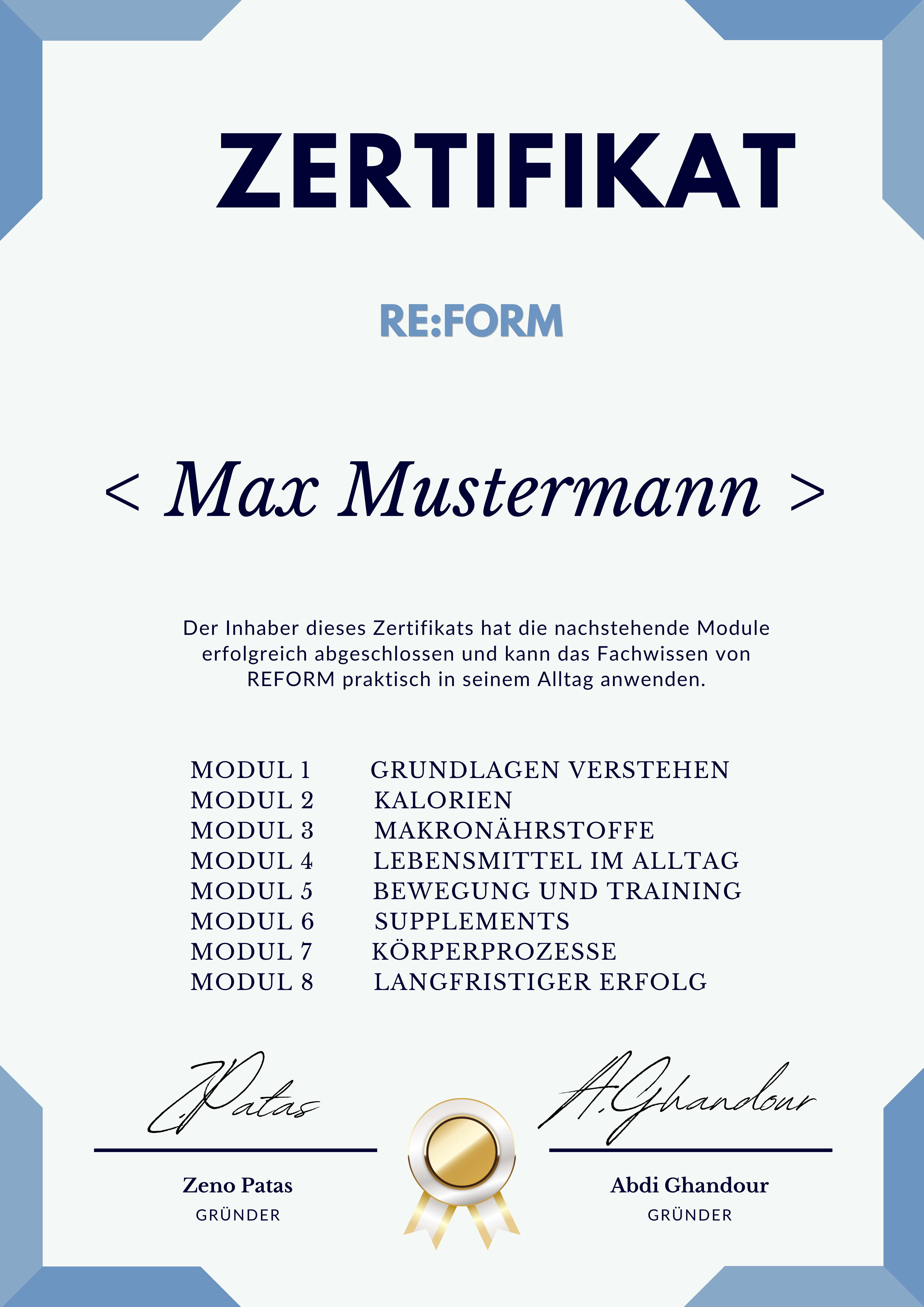 RE:FORM Abschluss-Zertifikat